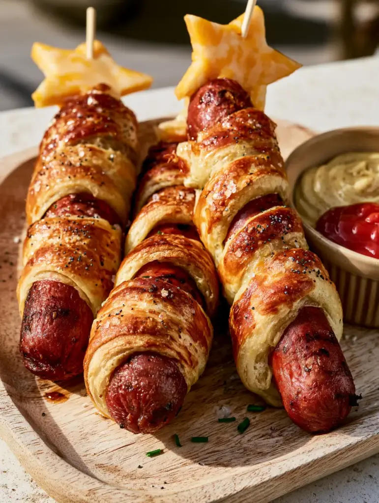 Three firecracker hot dogs on a platter with a ceramic ramekin of honey mustard swirl.