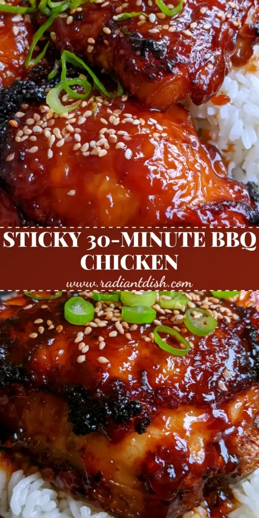 Close-up of BBQ chicken thighs with a thick mahogany honey glaze on a bed of jasmine rice. (BBQ chicken thighs)