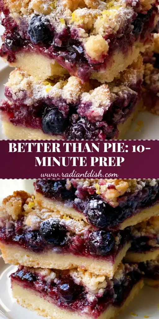 A stack of blueberry pie bars on a white ceramic plate showing the pale golden crust, jammy purple filling, and jagged crumble top with lemon zest flecks.
