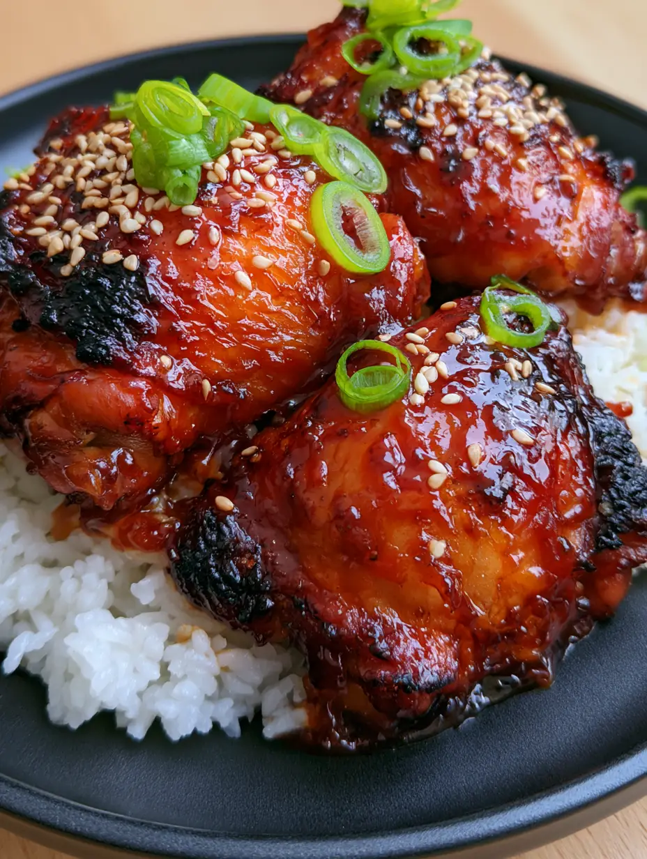 Macro photography of bubbling chicken skin with charred edges and sticky BBQ sauce. (BBQ chicken thighs)