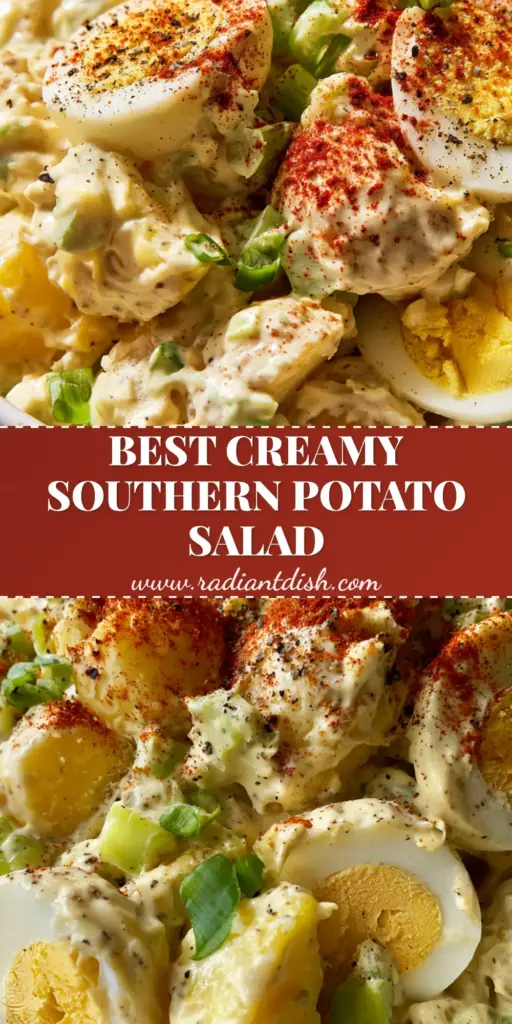 Southern Potato Salad: The Ultimate Creamy Classic with Smoked Paprika 4 A close-up of Southern Potato Salad in a white bowl with hard-boiled eggs and smoked paprika dusting.