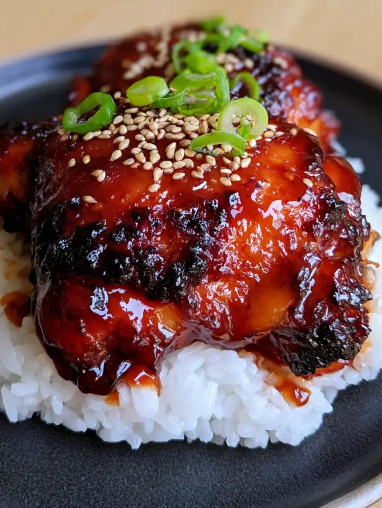 A stack of BBQ chicken thighs on a black plate topped with neon green scallions and sesame seeds. (BBQ chicken thighs)