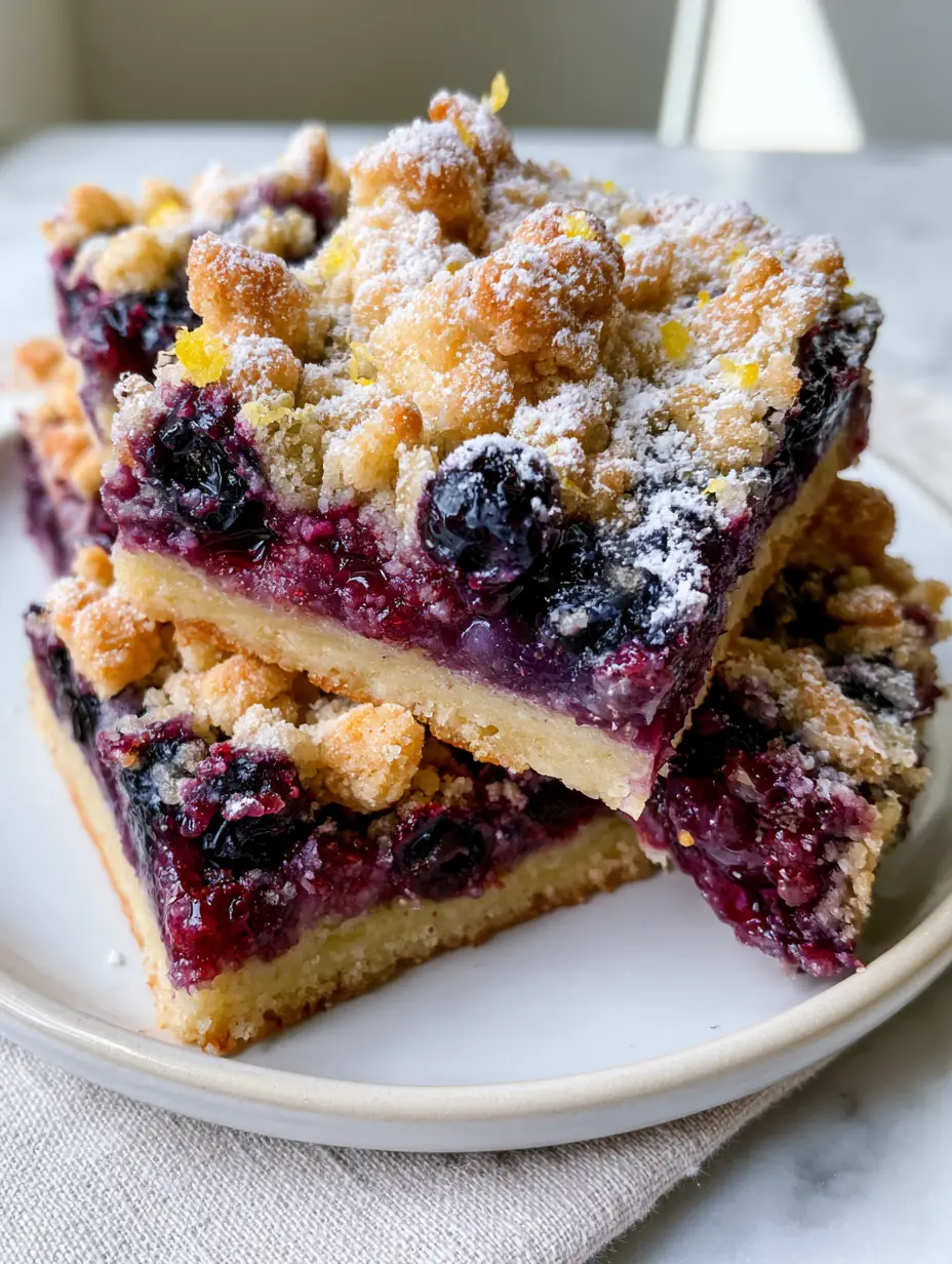 Close up photo of blueberry pie bars featuring glistening whole burst blueberries and a thick buttery shortbread base.