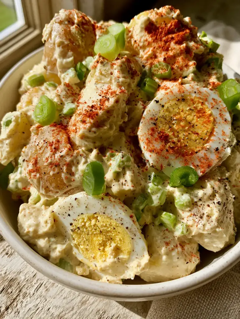 Southern Potato Salad: The Ultimate Creamy Classic with Smoked Paprika 2 High-angle shot of creamy Southern Potato Salad with Yukon Gold potatoes and green onions. (Southern Potato Salad)