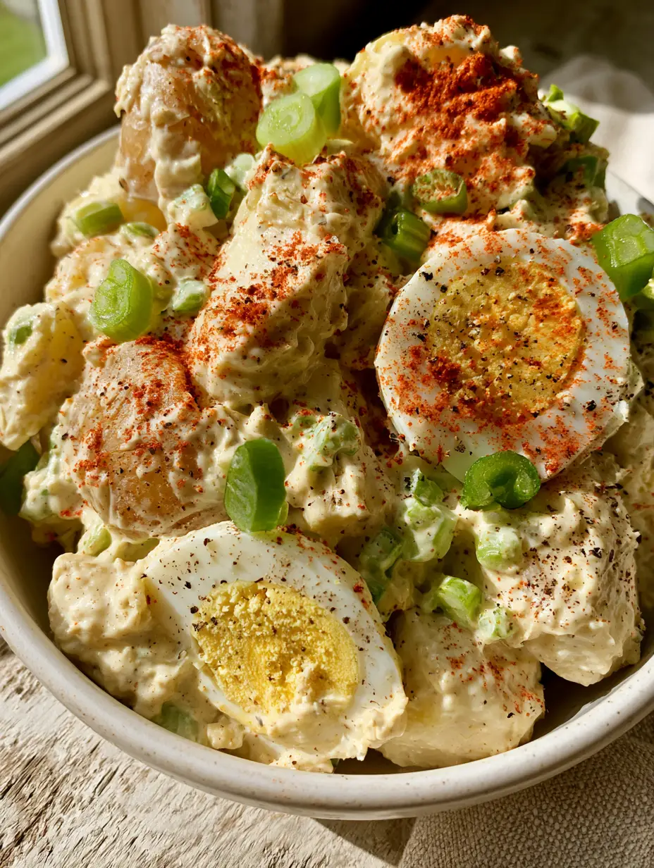 Southern Potato Salad: The Ultimate Creamy Classic with Smoked Paprika 3 High-angle shot of creamy Southern Potato Salad with Yukon Gold potatoes and green onions. (Southern Potato Salad)