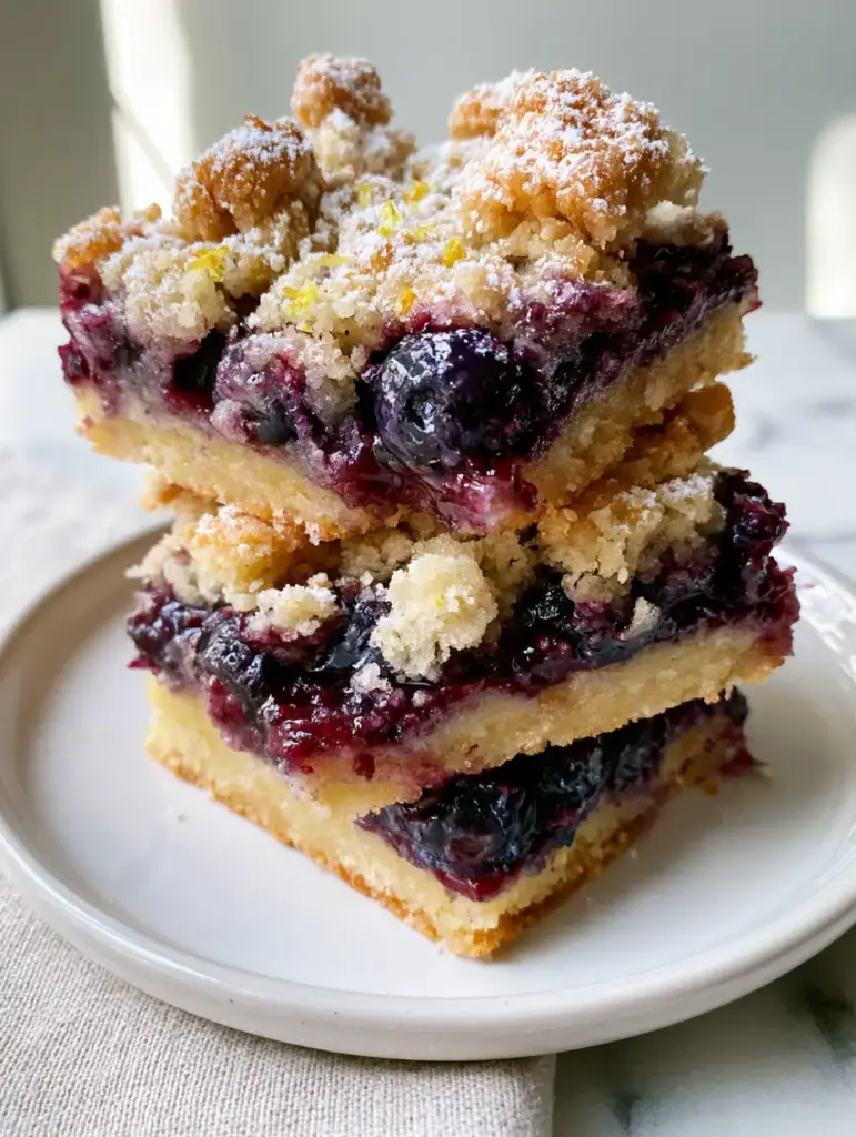 Handheld smartphone photo of blueberry pie bars on a white marble countertop with a linen napkin.