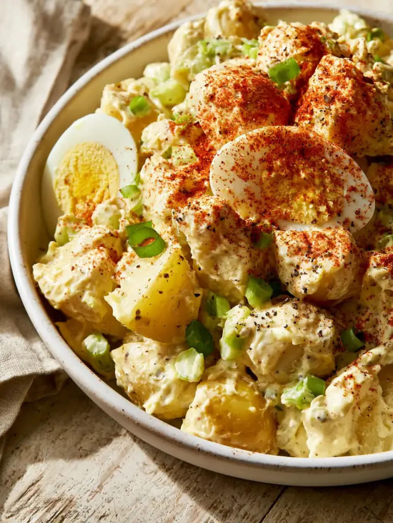Southern Potato Salad: The Ultimate Creamy Classic with Smoked Paprika 1 Close up of smoked paprika and cracked black pepper on top of Southern Potato Salad.