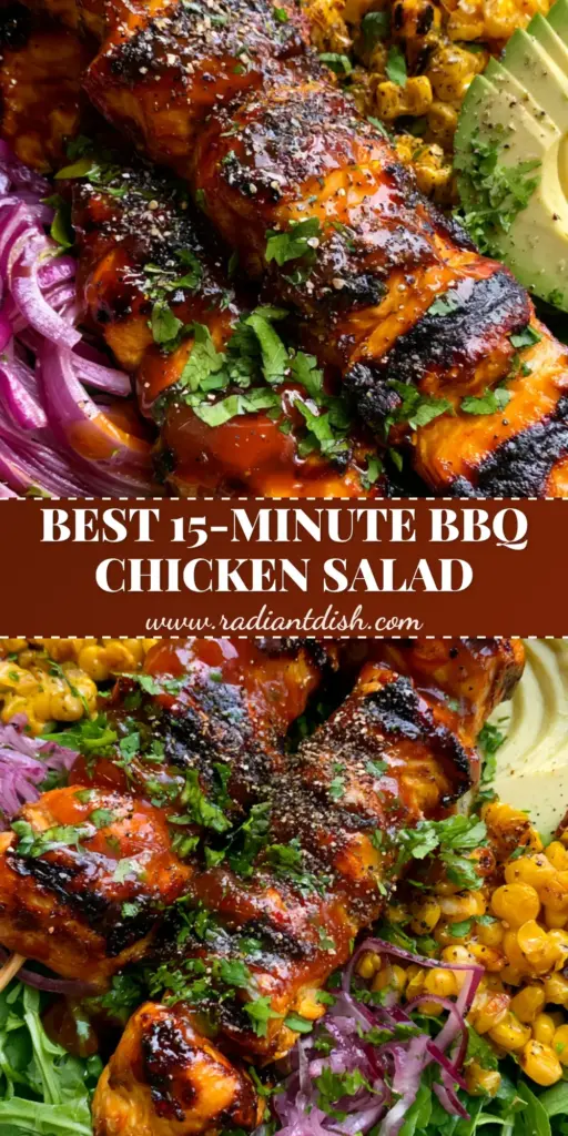 BBQ Chicken Skewer Salad with Honey Glaze and Fire-Roasted Corn 4 A top-down view of a BBQ Chicken Skewer Salad featuring glossy honey BBQ glazed skewers, charred corn, and avocado on a bed of spinach.