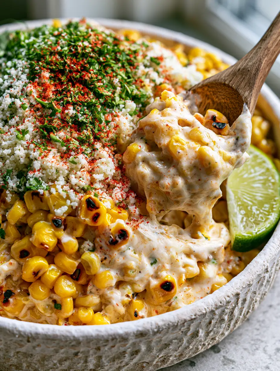 Extreme close-up of Mexican street corn salad showing charred yellow kernels and gooey white crema dressing.