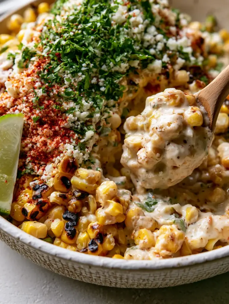A wooden spoon lifting a scoop of creamy Mexican street corn salad from a white ceramic bowl.