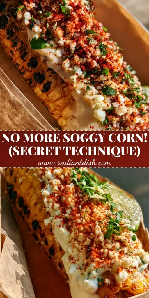A handheld cob of Mexican street corn featuring deep blackened char, thick white crema, crumbled cotija, and vibrant red ancho chili powder. (Mexican street corn recipe)