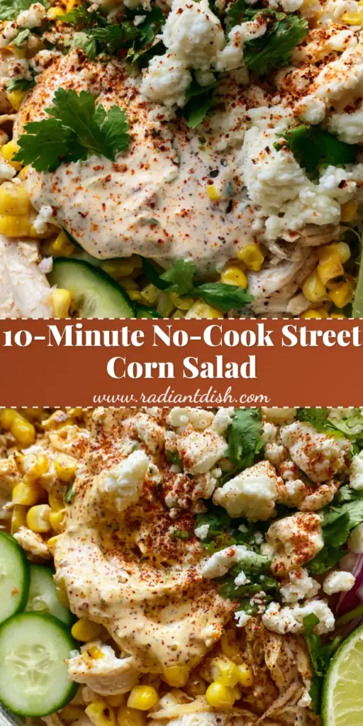 Overhead shot of a street corn creamy cucumber chicken salad in a white bowl with charred corn and crema.