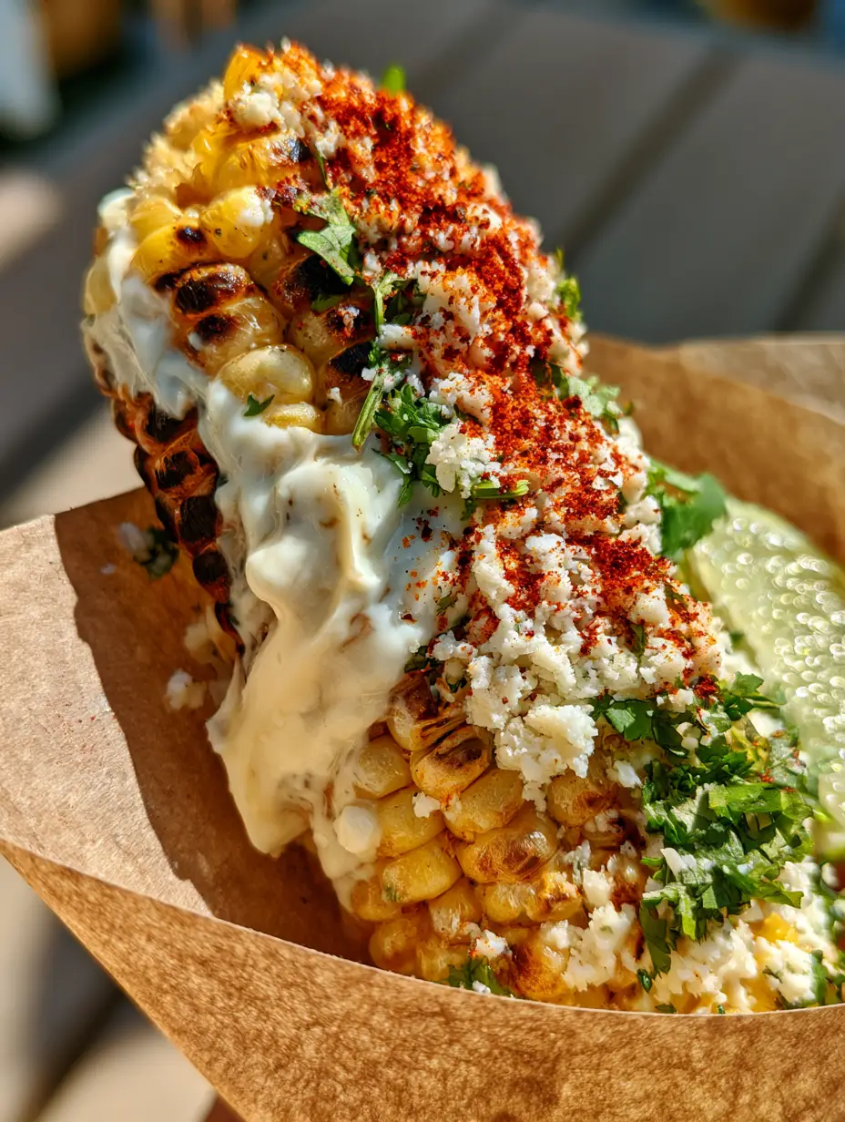 Macro photo of charred golden corn kernels covered in velvety white crema and red chili powder. (Mexican street corn recipe)