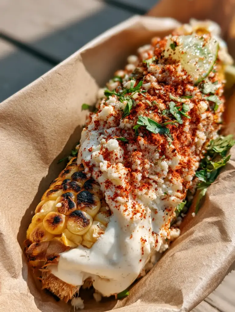 A single cob of Mexican street corn held in brown parchment paper with glistening lime droplets. (Mexican street corn recipe)