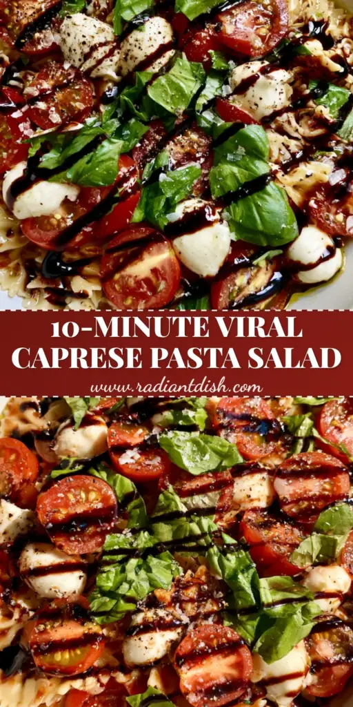 A vibrant Caprese Salad with farfalle pasta, cherry tomatoes, mozzarella, and balsamic drizzle in a white bowl.