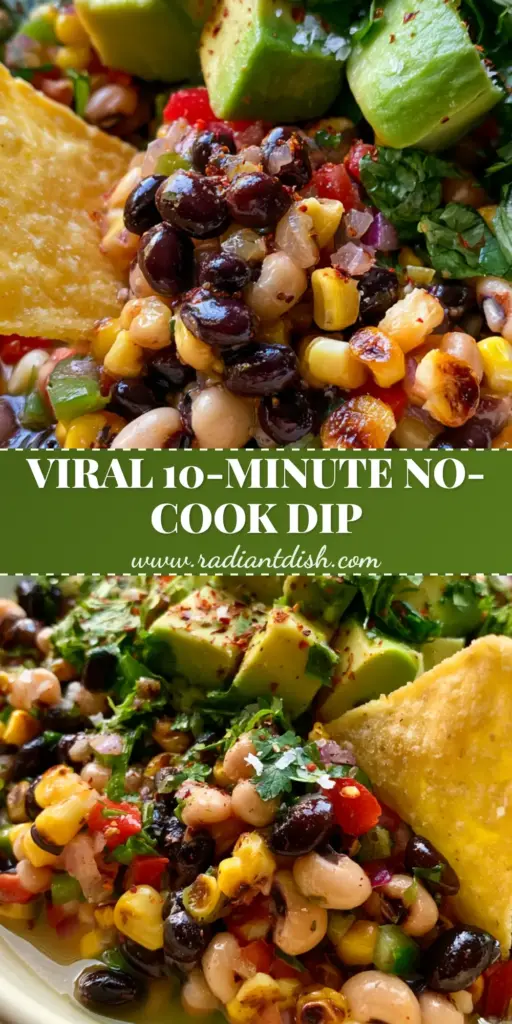 Cowboy Caviar: The Ultimate Zesty Party Dip and Salad 3 A close-up shot of Cowboy Caviar in a cream bowl with a corn chip scooping up beans, corn, and avocado.