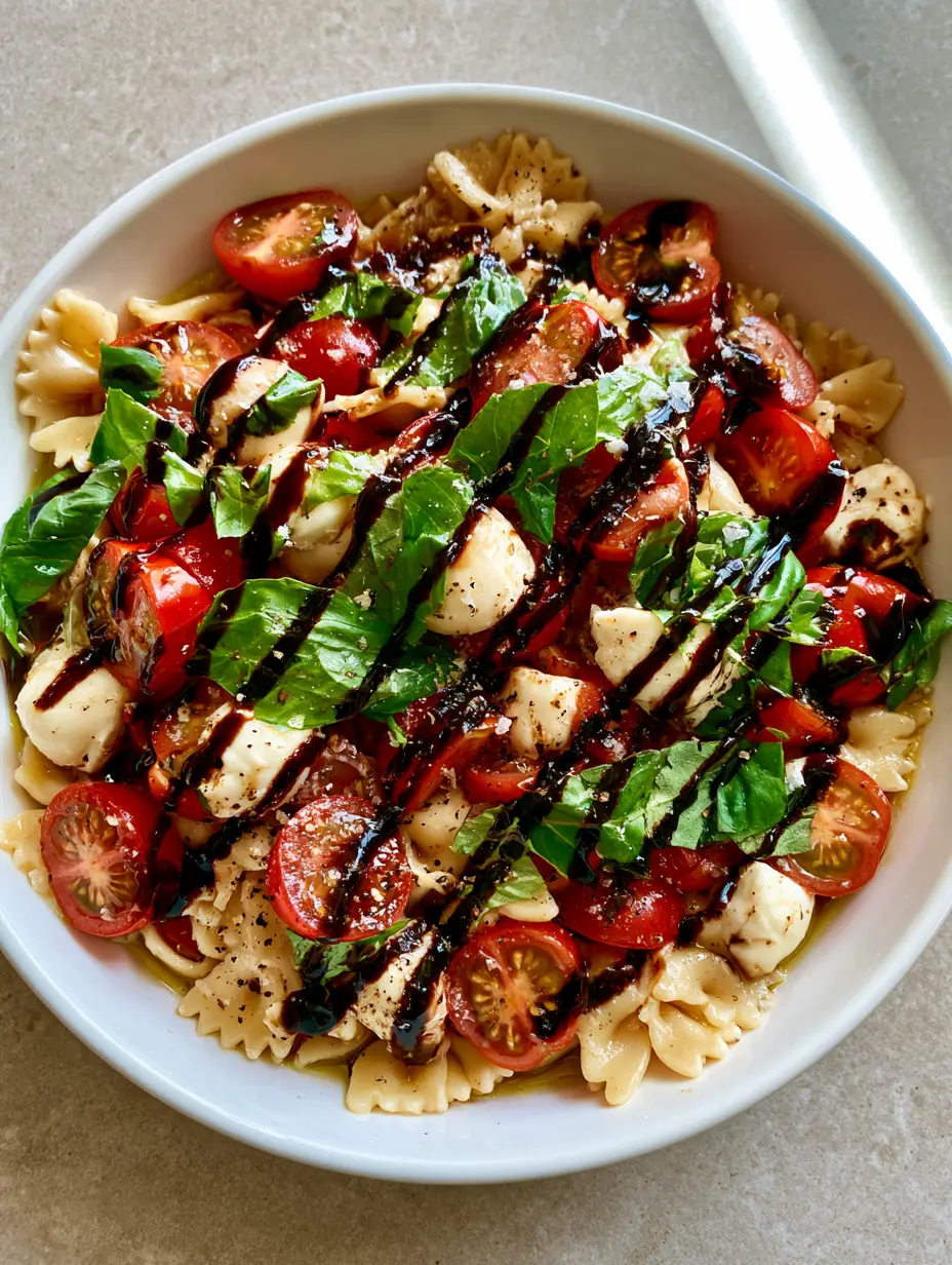 Top-down view of Caprese Salad in a white bowl showing juicy halved cherry tomatoes and mozzarella pearls.