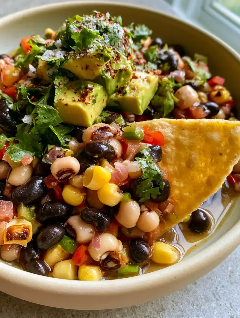 Macro photo of glossy black beans and charred corn in a cowboy caviar salad. (cowboy caviar)