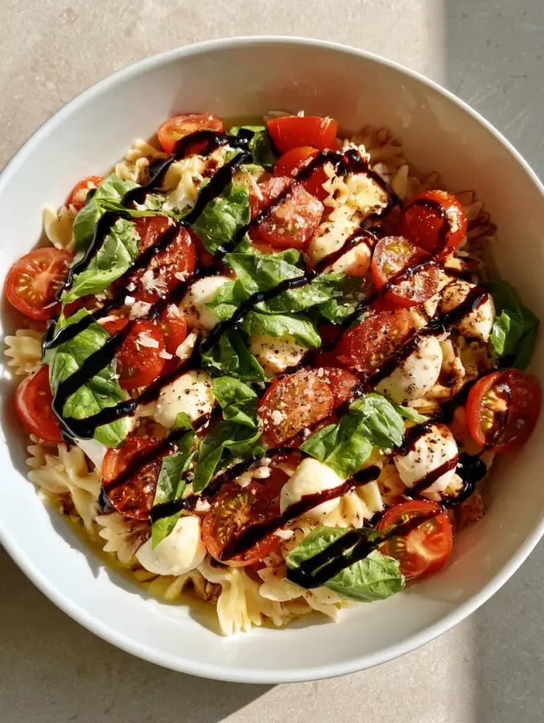 Close-up of al dente farfalle pasta coated in olive oil for a Caprese Salad.