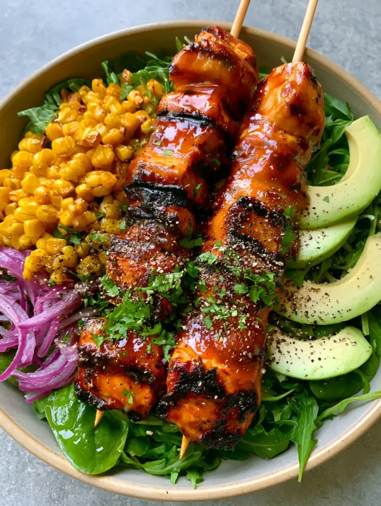 BBQ Chicken Skewer Salad with Honey Glaze and Fire-Roasted Corn 2 Close-up of BBQ Chicken Skewer Salad in a shallow bowl with vibrant purple onions and emerald greens. (BBQ Chicken Skewer Salad)