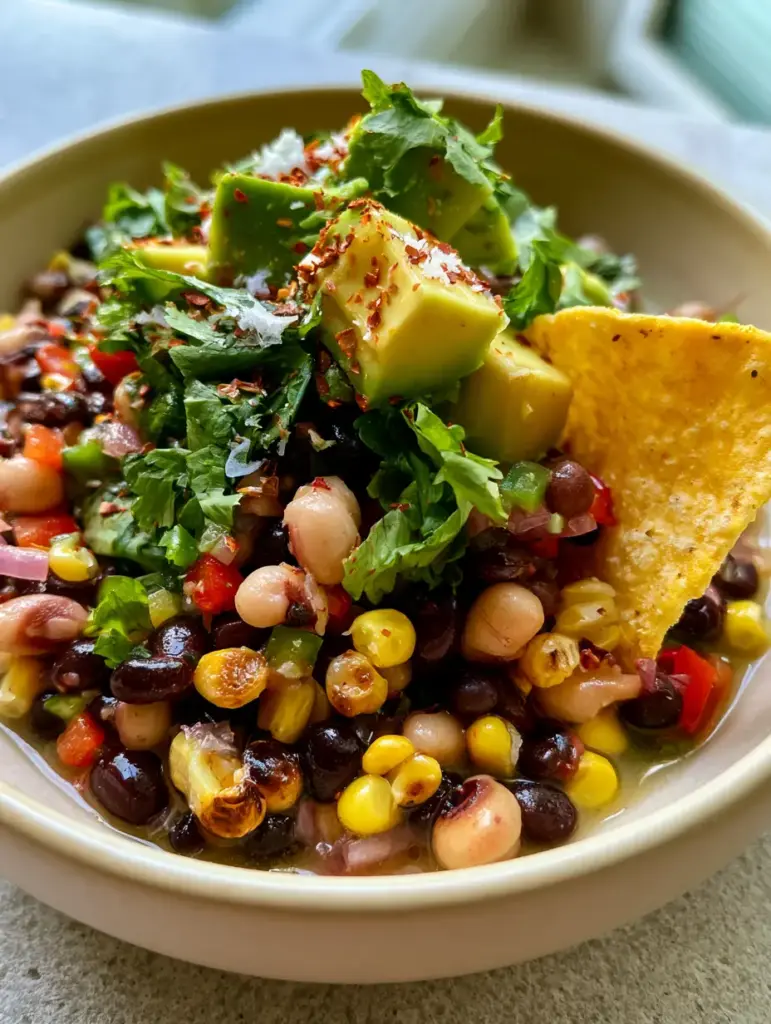 Cowboy Caviar: The Ultimate Zesty Party Dip and Salad 1 A shallow pool of lime-cumin vinaigrette at the base of a vibrant cowboy caviar dip.