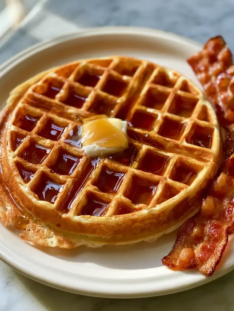 Close up of a thin malted Waffle House waffle showing the lattice texture and shimmering syrup.