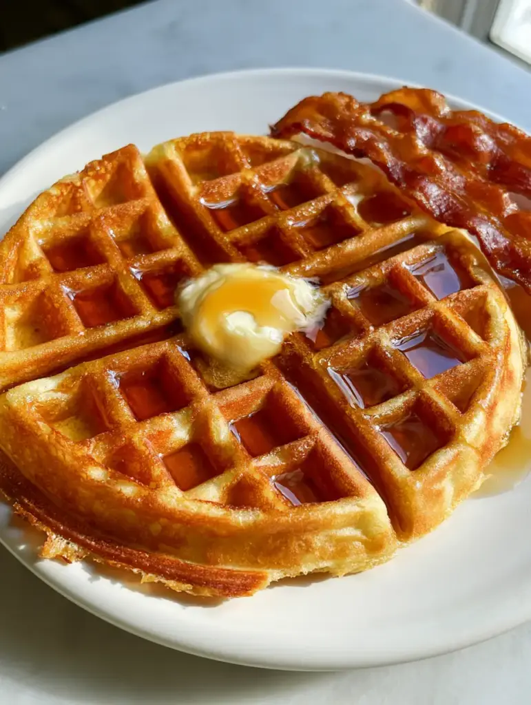 Waffle House Waffles: The Ultimate Copycat Recipe for Crispy Malted Perfection 1 Waffle House waffles with melting butter and two strips of extra-crispy wavy bacon on a grey marble background.