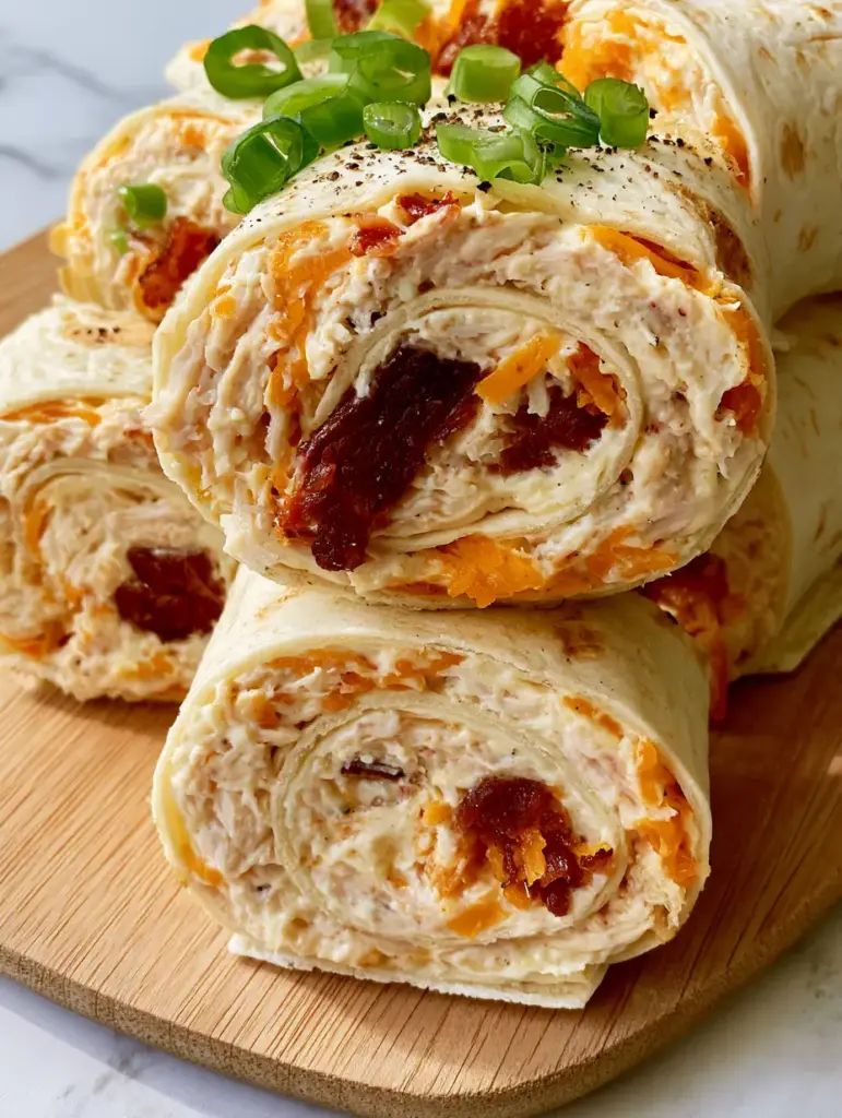 Macro close-up of crack chicken pinwheels showing the matte cream cheese, bright orange cheddar, and crispy bacon.