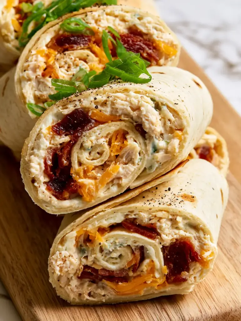 Crack Chicken Pinwheels with Crispy Bacon and Zesty Ranch 1 Top-down view of tightly rolled flour tortillas sliced into pinwheels with scallions and black pepper on a wooden board.