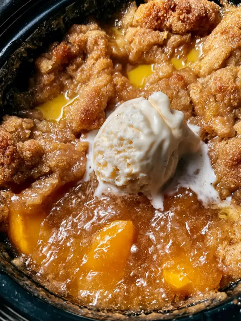 Extreme macro of bubbling peach jam and toasted cake crumble in a slow cooker peach bake.