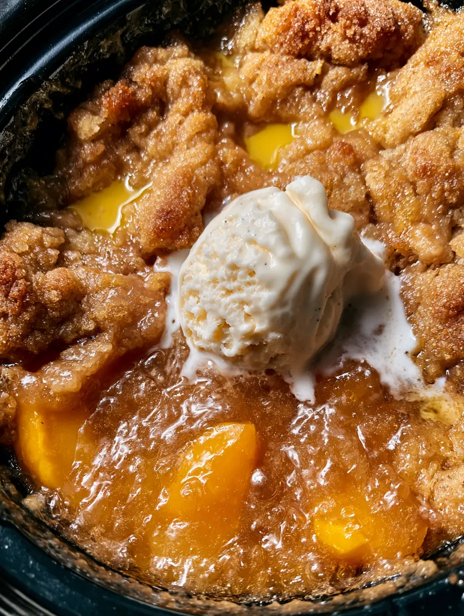 Slow Cooker Peach Bake with Golden Butter Crumble and Vanilla Bean 3 Extreme macro of bubbling peach jam and toasted cake crumble in a slow cooker peach bake.