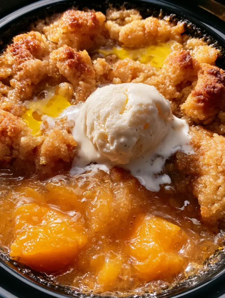 Slow Cooker Peach Bake with Golden Butter Crumble and Vanilla Bean 1 A scoop of vanilla bean ice cream melting over a warm slow cooker peach bake.