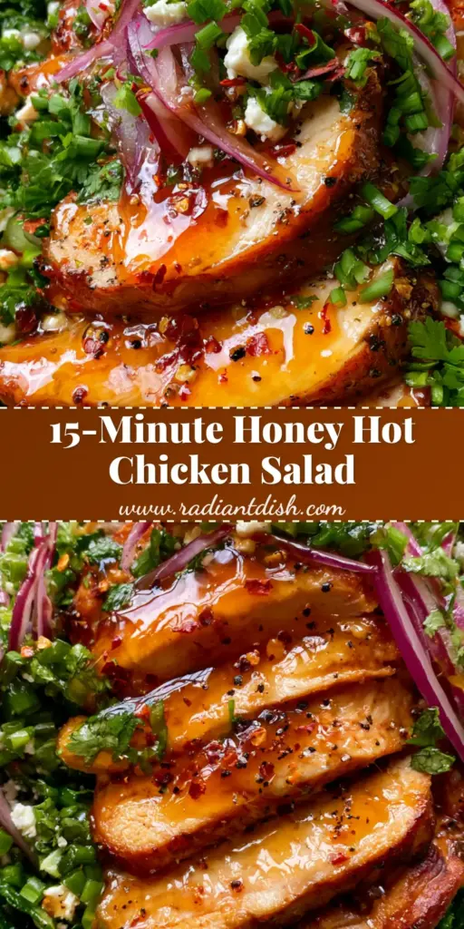 Honey Hot Chicken Salad with Glistening Amber Glaze and Massaged Kale 5 Overhead view of a Honey Hot Chicken Salad in a white bowl, showing glistening honey-glazed chicken, red chili flakes, and crumbled feta cheese.
