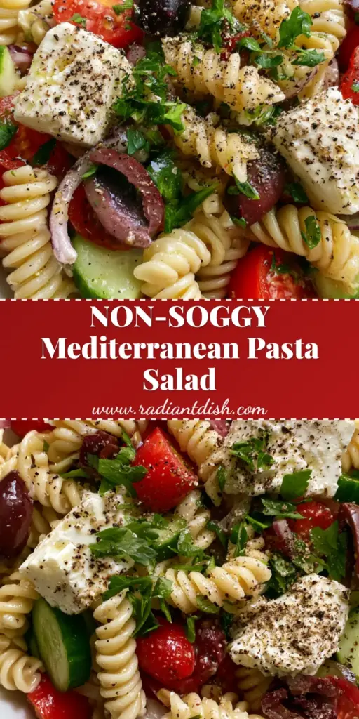 Mediterranean Pasta Salad with Zesty Lemon-Herb Vinaigrette 4 A high-angle close-up of a vibrant Mediterranean Pasta Salad in a white bowl, showing al dente fusilli, cubed feta, and black pepper.