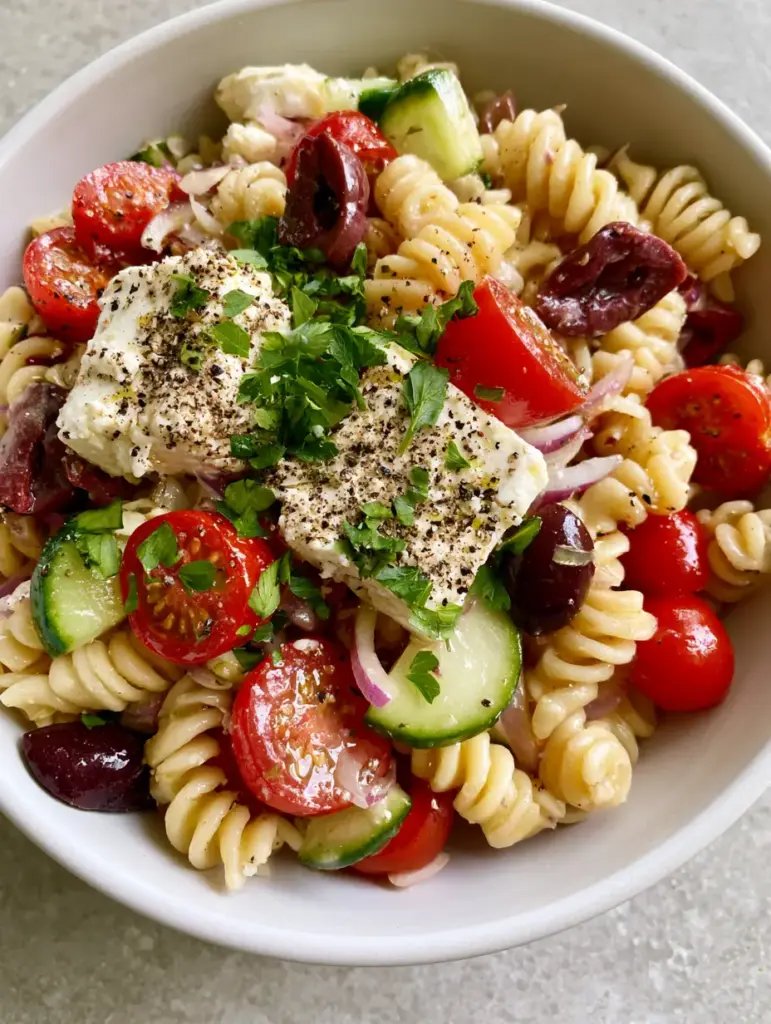 Close-up of Mediterranean Pasta Salad with shimmering vinaigrette, red tomatoes, and emerald green cucumbers.