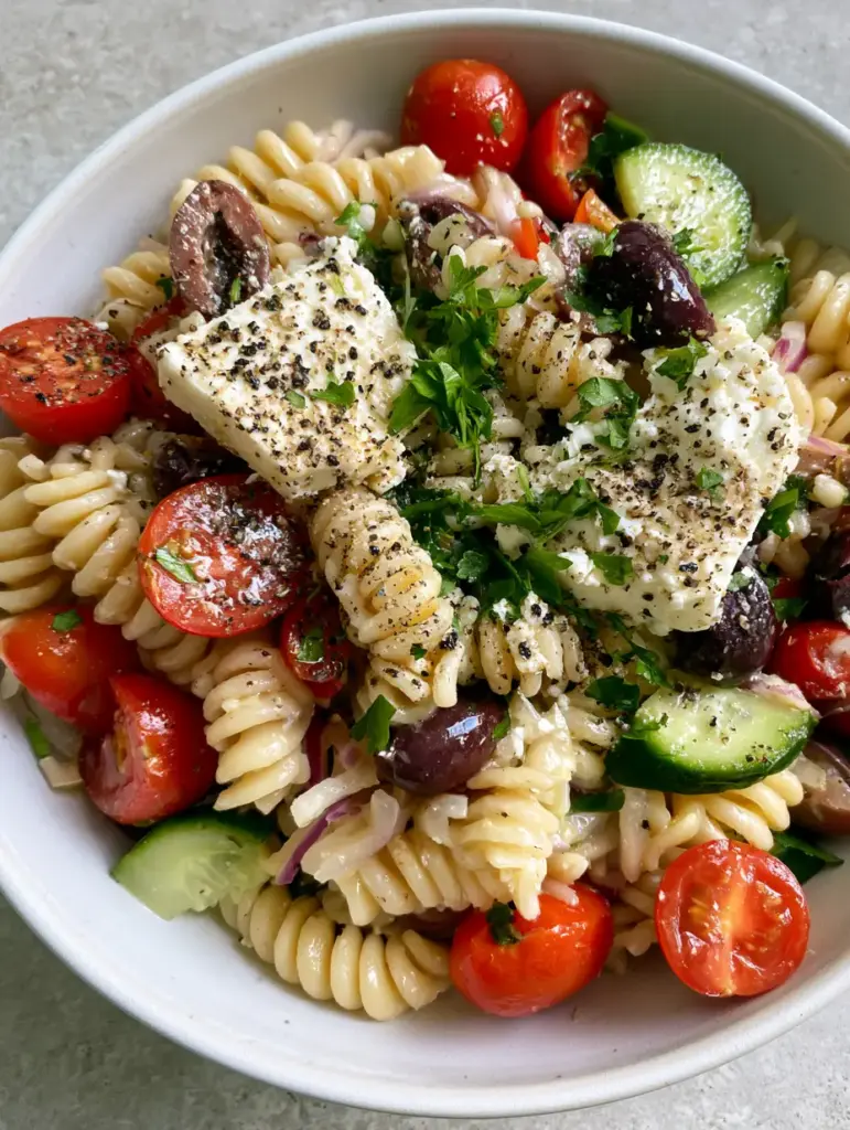 Mediterranean Pasta Salad with Zesty Lemon-Herb Vinaigrette 1 Mediterranean Pasta Salad showing large blocks of creamy white feta cheese and cracked black pepper.