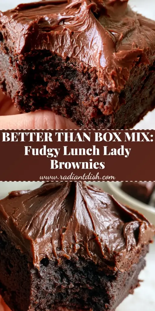 Lunch Lady Brownies: The Ultimate Fudgy Old-School Cafeteria Classic 4 A thick square of lunch lady brownies with glossy chocolate fudge frosting swirls and a dark chocolate hue held by a hand.