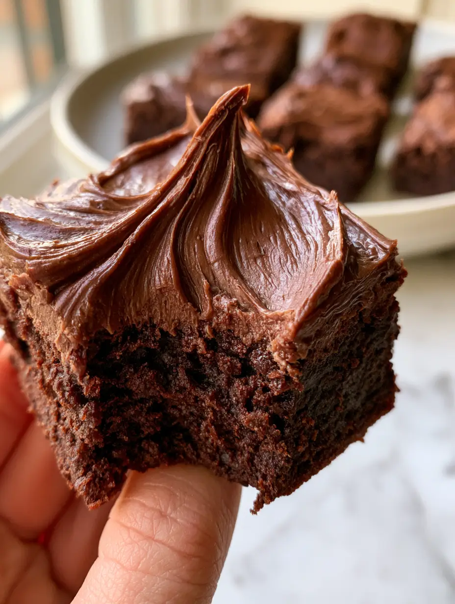 Macro close-up of a thick square lunch lady brownie with a bite taken out revealing a moist fudgy center.