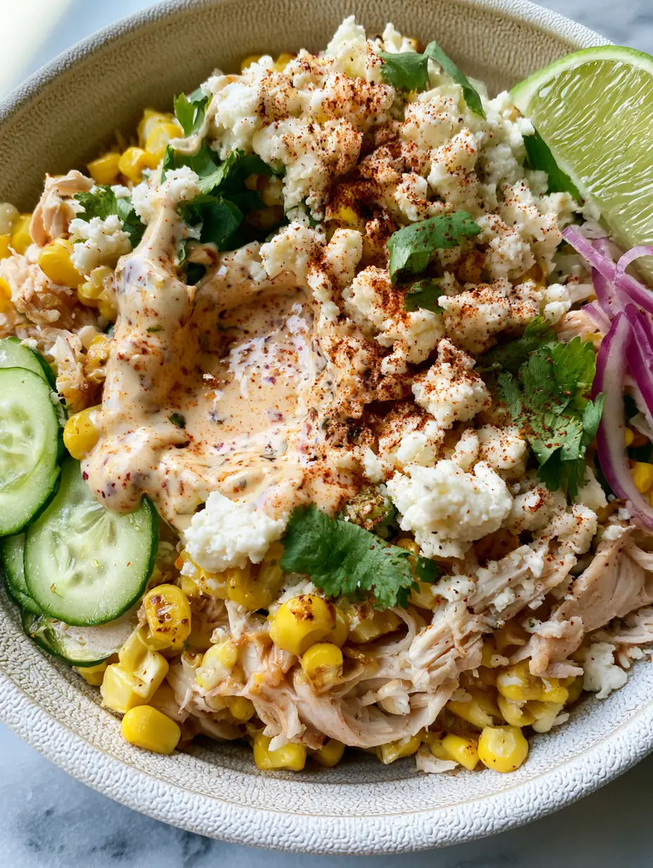 Close-up of charred corn kernels and succulent chicken in a street corn creamy cucumber chicken salad.