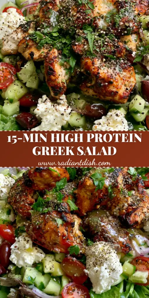 A high-angle view of a Mediterranean grilled chicken salad in a white bowl on a stone countertop.