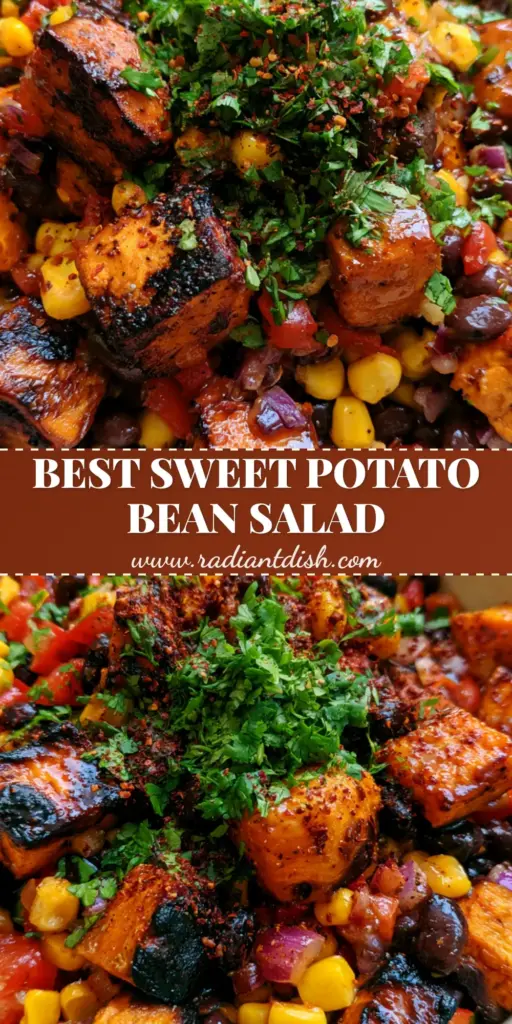 Roasted Sweet Potato Black Bean Salad with Shimmering Honey Lime Vinaigrette 4 An overhead aesthetic shot of Roasted Sweet Potato Black Bean Salad in a matte-white bowl featuring caramelized potato cubes, glossy black beans, and vibrant corn on an oak surface.