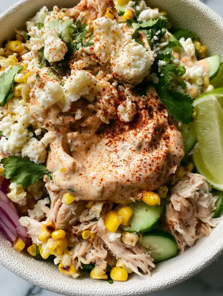 Street corn creamy cucumber chicken salad garnished with cotija cheese, cilantro, and smoked paprika.
