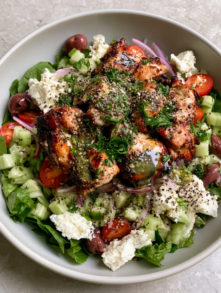 Close-up handheld photo of Mediterranean grilled chicken salad with golden-brown chicken and feta. (Mediterranean grilled chicken salad)