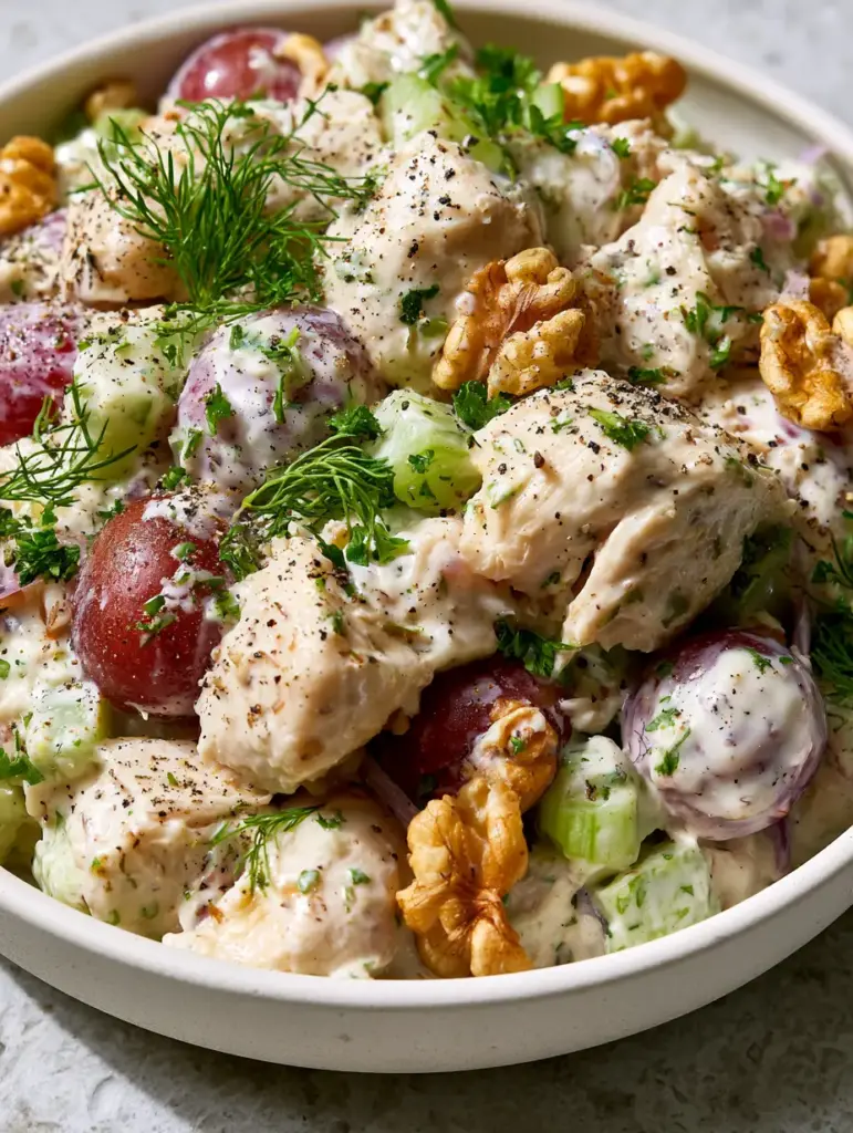 Chicken Salad Recipe with Creamy Greek Yogurt and Toasted Walnuts 2 Close-up photo of a premium healthy chicken salad with thick Greek yogurt dressing and fresh dill. (Chicken salad recipe)