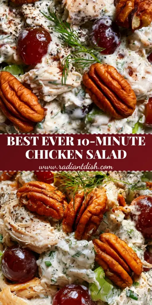 A premium Chicken salad with red grapes and toasted pecans served in a matte white ceramic bowl.
