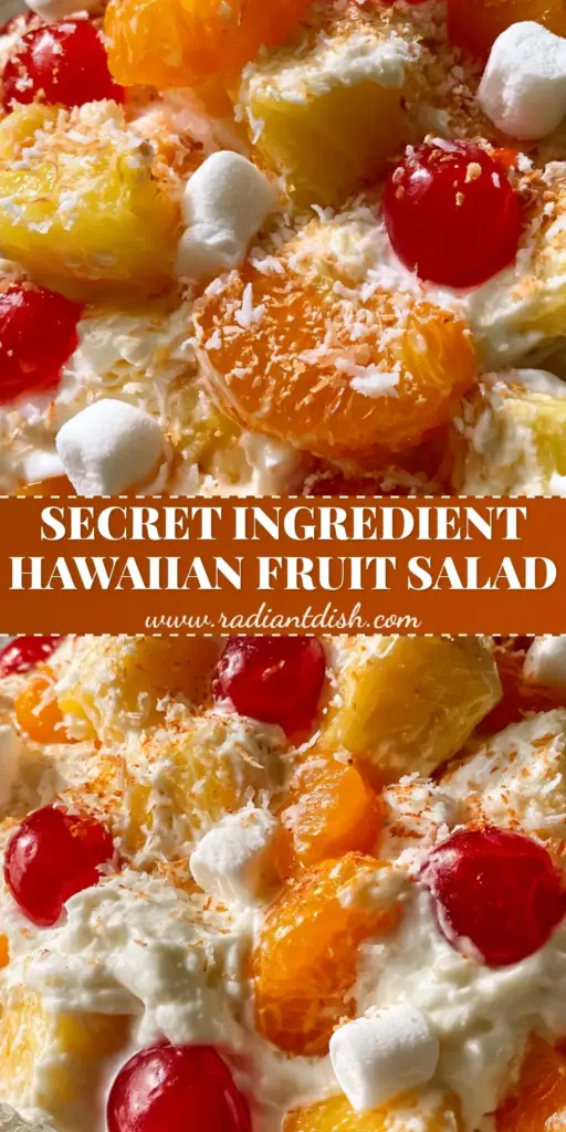 A vibrant Hawaiian Fruit Salad served in a textured glass bowl featuring golden pineapple, mandarin oranges, and glowing red cherries in a thick vanilla cream dressing.