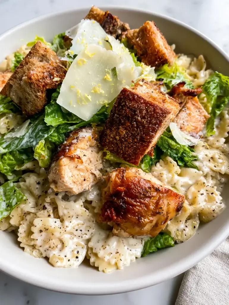 Chicken Caesar Pasta Salad with Hand-Torn Rotisserie Chicken and Sourdough Croutons 2 High-angle close-up of Chicken Caesar Pasta Salad showing glossy dressing, cracked black pepper, and hand-torn chicken with crispy golden skin.
