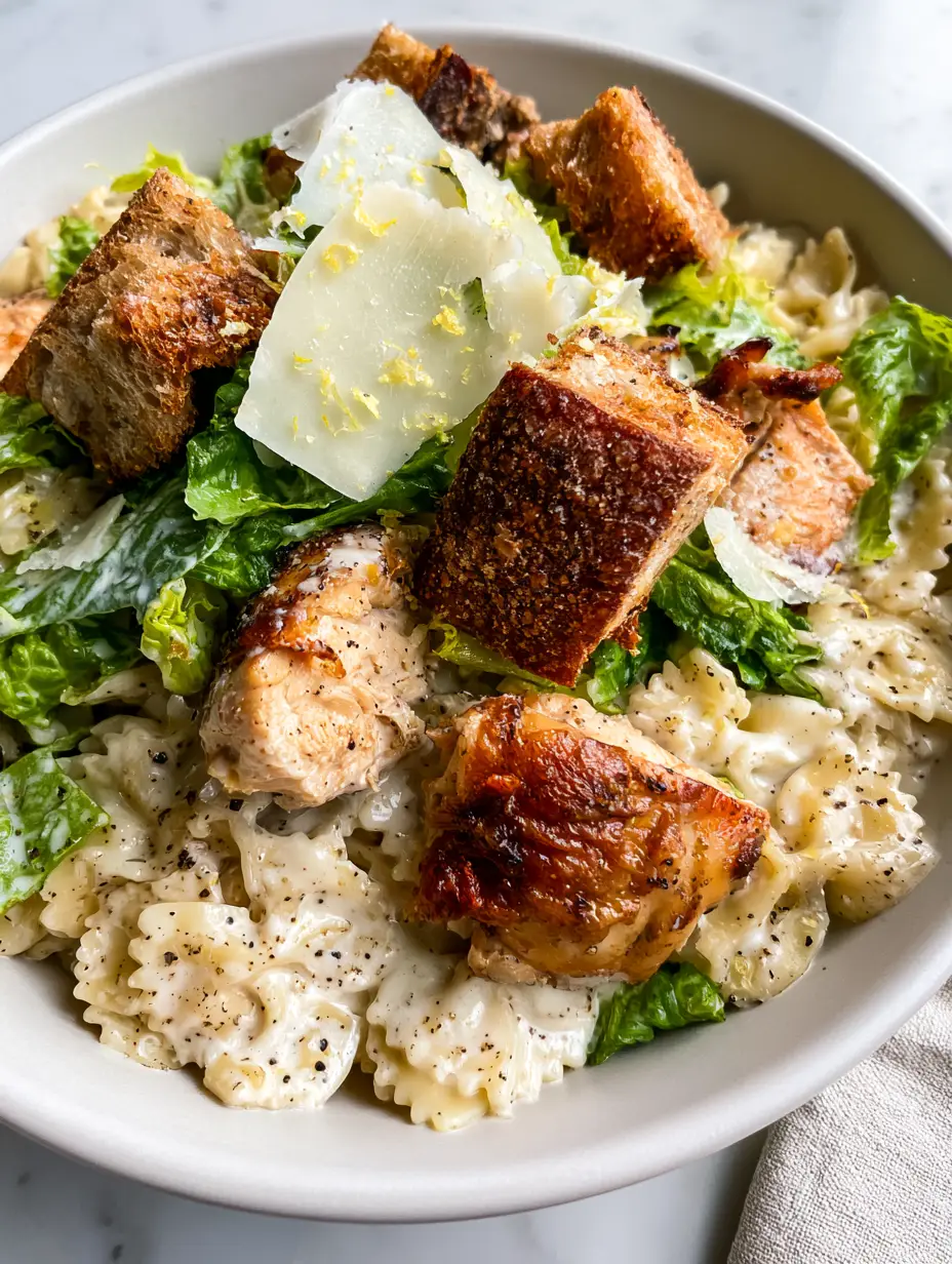 Chicken Caesar Pasta Salad with Hand-Torn Rotisserie Chicken and Sourdough Croutons 4 High-angle close-up of Chicken Caesar Pasta Salad showing glossy dressing, cracked black pepper, and hand-torn chicken with crispy golden skin.