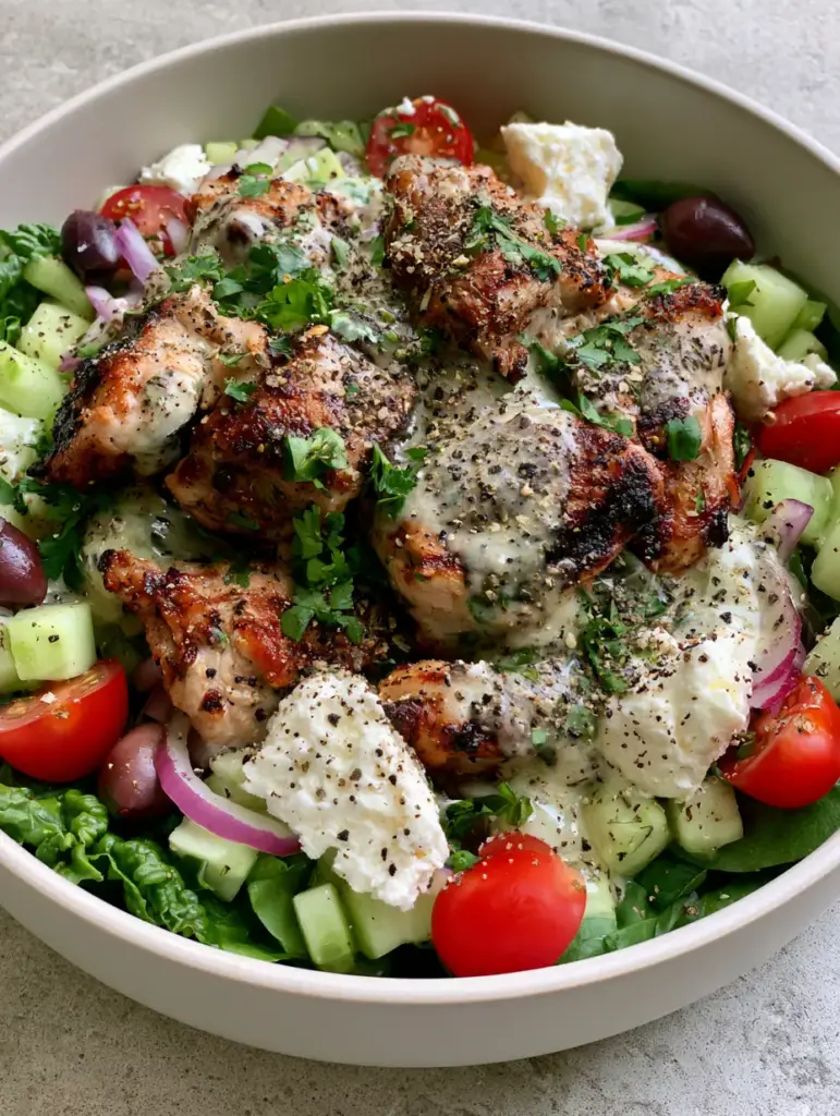 A meticulously arranged Mediterranean grilled chicken salad with vibrant vegetables and glossy dressing.