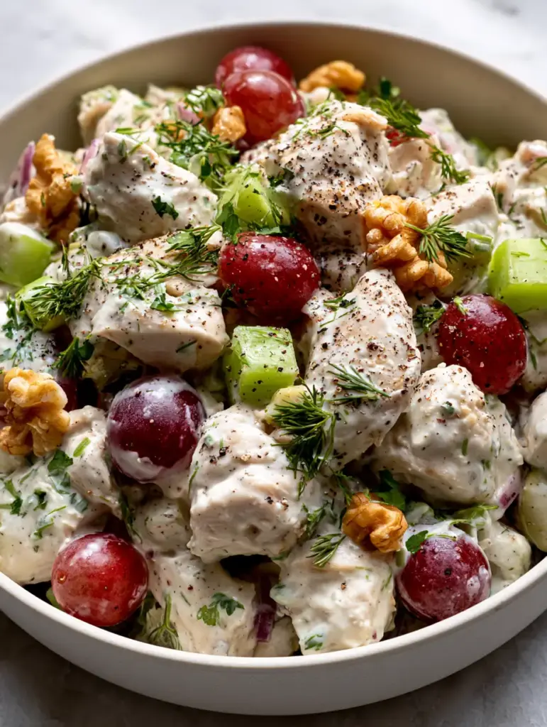 Chicken Salad Recipe with Creamy Greek Yogurt and Toasted Walnuts 1 Gourmet chicken salad with red grapes, toasted walnuts, and red onion in a minimalist white bowl.